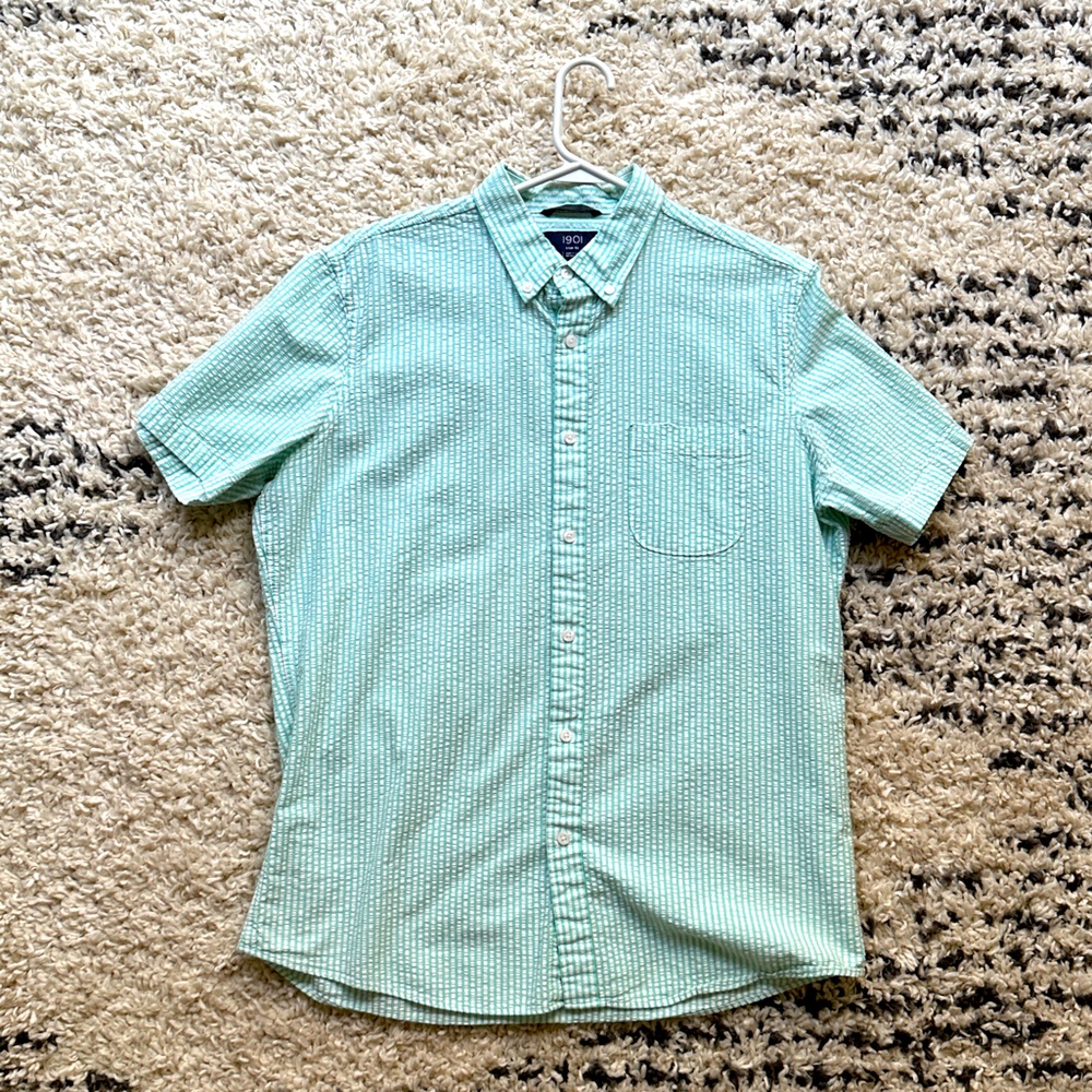 Men’s 1901 by Nordstrom Green/White Stripe Short Sleeve Seersucker (L, Trim Fit)